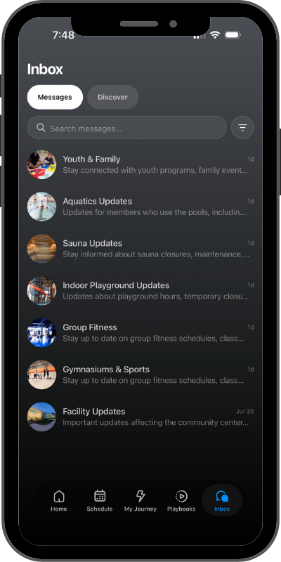 Inbox screen of a mobile app in dark mode showing a list of message channels (Youth & Family, Aquatics Updates, Sauna Updates, Indoor Playground Updates, Group Fitness, Gymnasiums & Sports, Facility Updates) with circular avatars and a bottom navigation bar (Home, Schedule, My Journey, Playbooks, Inbox).