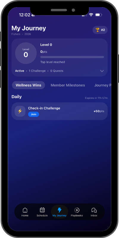 Mobile app screen 'My Journey' showing Level 0 status, a Daily Check-in Challenge card with a Join button and +50 pts, and bottom navigation bar.