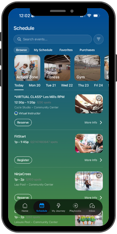 Mobile schedule screen showing tabs (Browse, My Schedule, Favorites, Purchases) and event cards with Reserve/More Info actions on a gradient blue-green background.